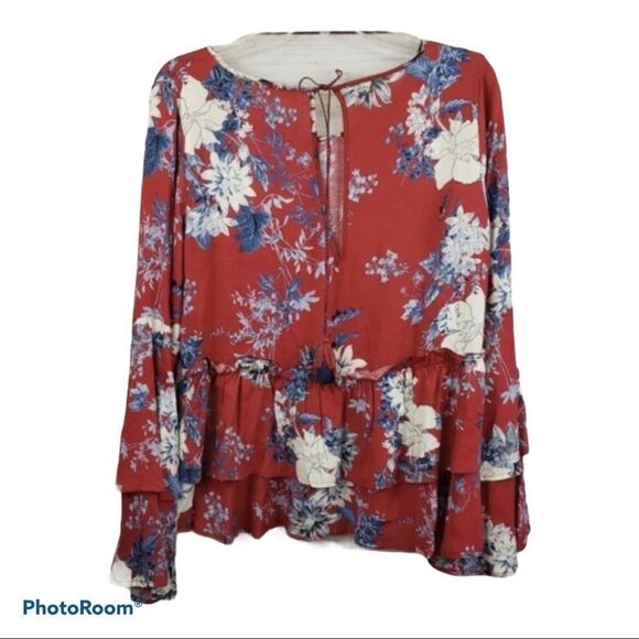 Boho Red Floral Gypsy Blouse Top Med Altered State - Picture 11 of 11